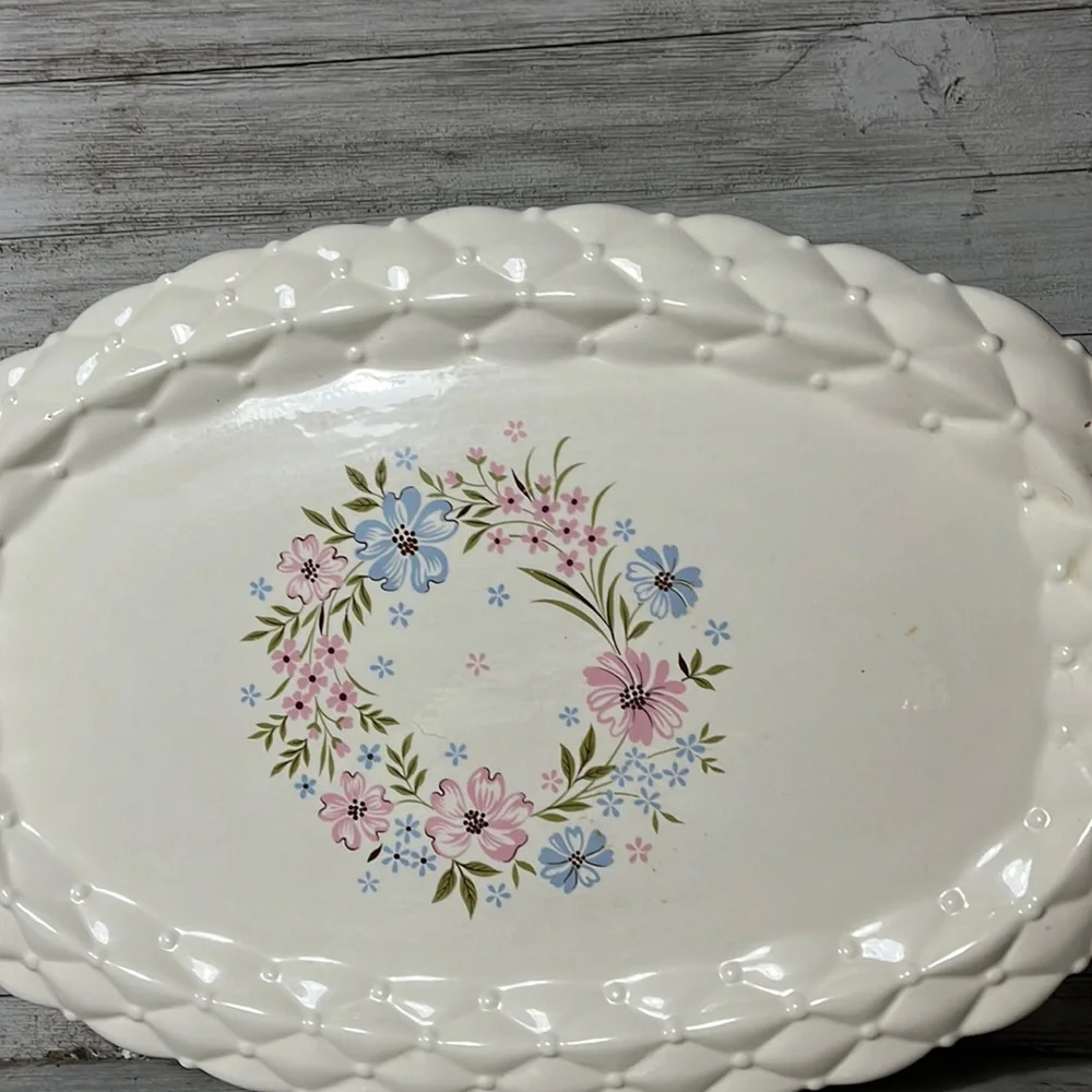 Vintage Ceramic Floral ￼Serving Platter Hand Crafted 15 inches